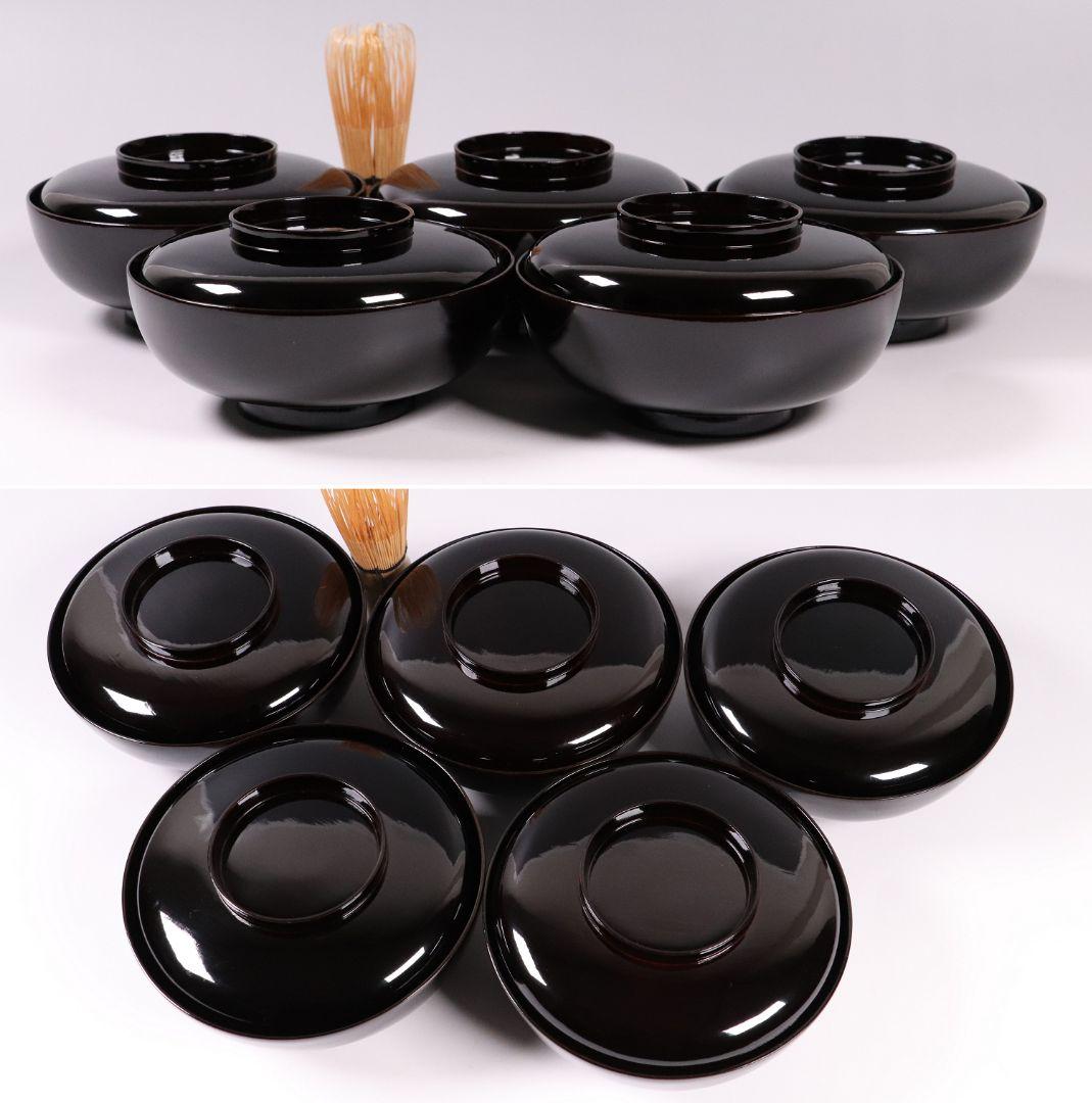 CL64 加賀蒔絵 月に雁 金蒔絵 黒塗煮物椀 五客 木製漆器 梨地 鳥 芦