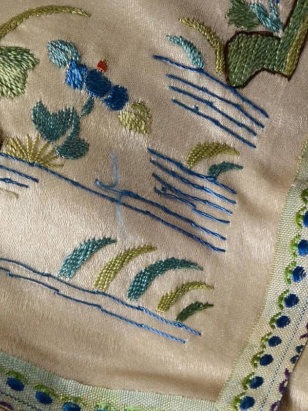 珍】 ☆ 亭台人物図繍片 ☆ 民国時期 刺繍 山水紋 仕女紋