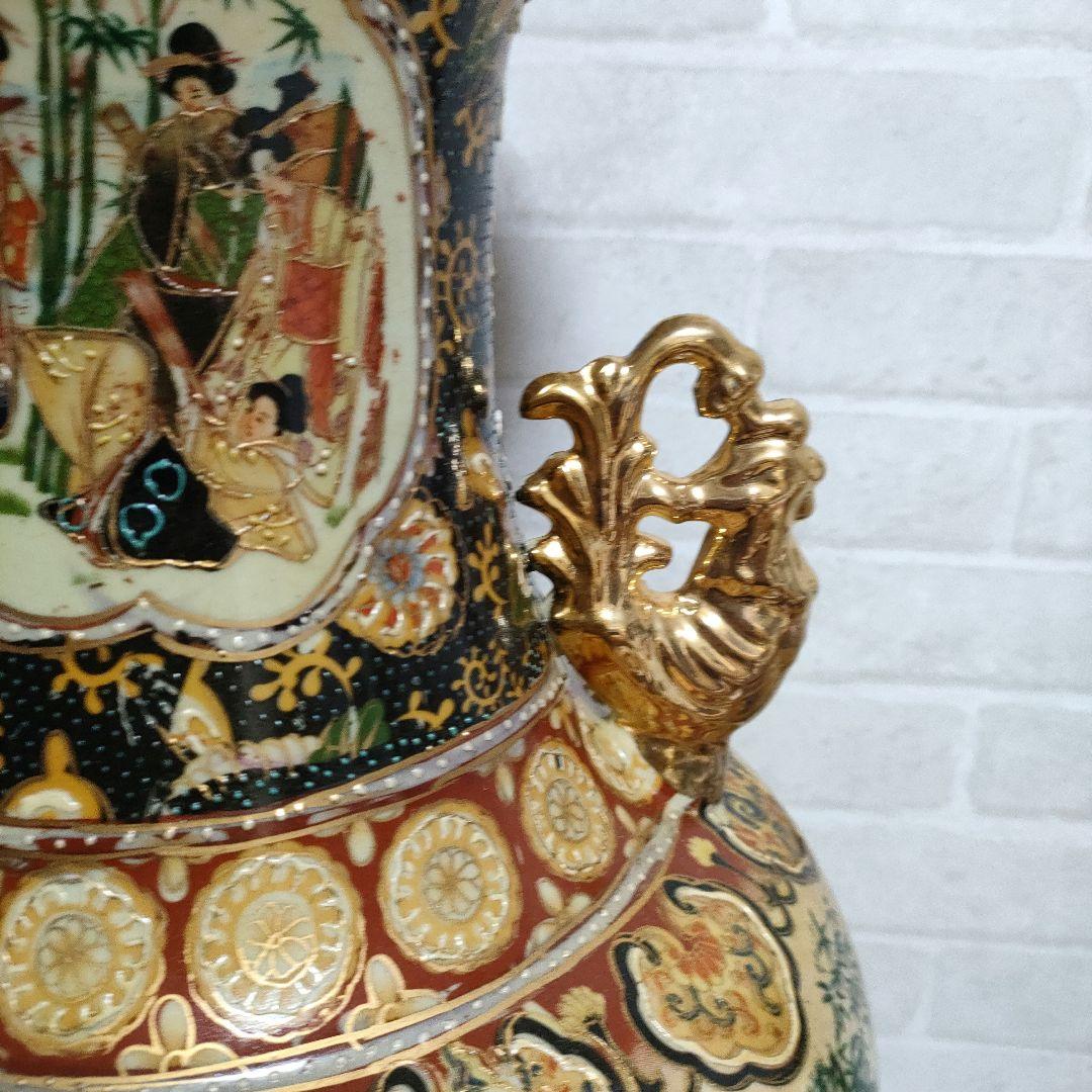 中国美術 大型飾り壺 双耳大花瓶 金彩 美人画 豪華爛漫 60cmサイズ