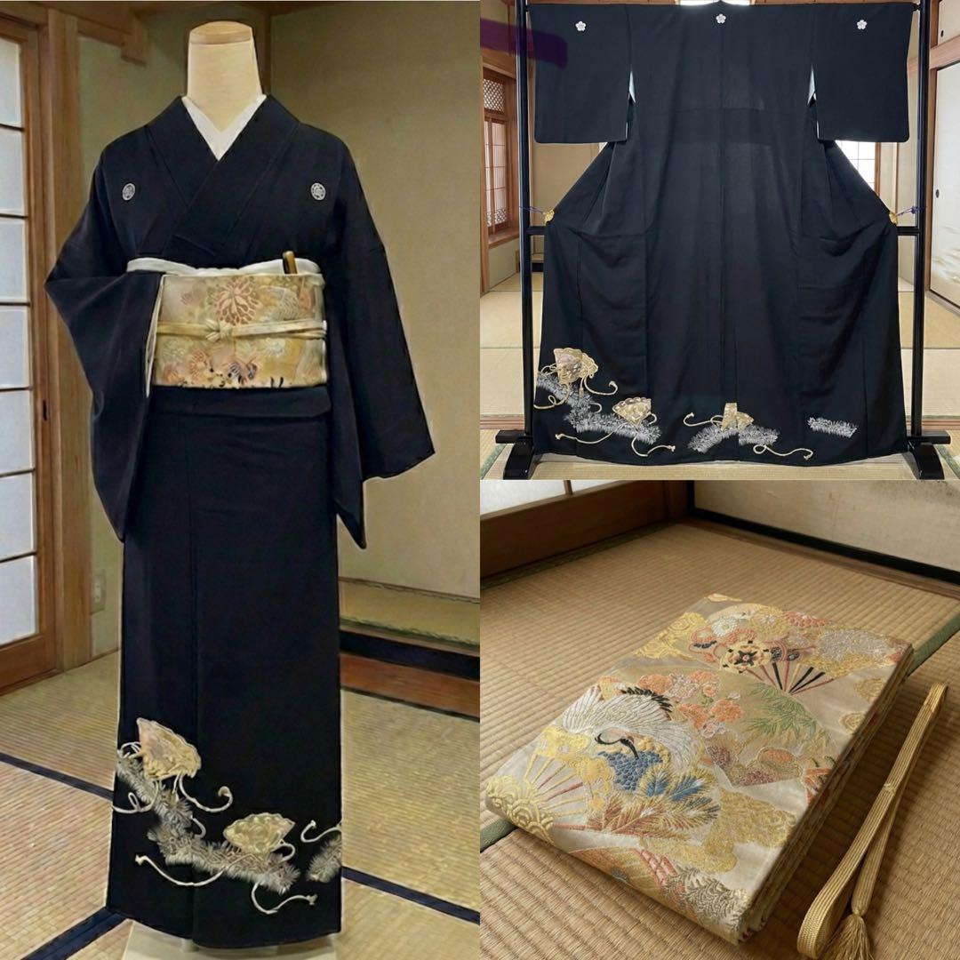 NO464トールサイズ 正絹黒留袖 身幅ゆったり裄丈70cm 正絹長襦袢他