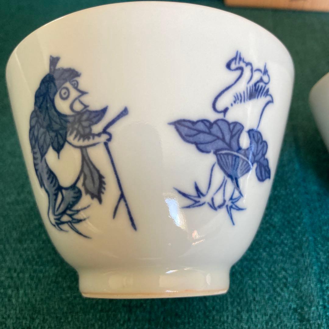 京焼 清水焼 平安吉兆 高山寺 鳥獣戯画倣 汲出 茶碗 湯呑 五客 共箱