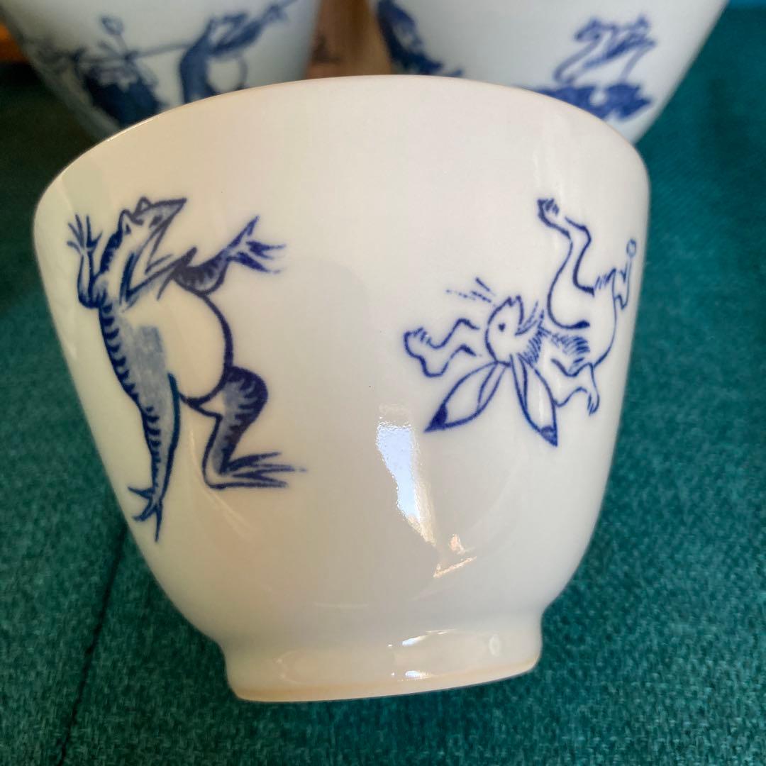 京焼 清水焼 平安吉兆 高山寺 鳥獣戯画倣 汲出 茶碗 湯呑 五客 共箱