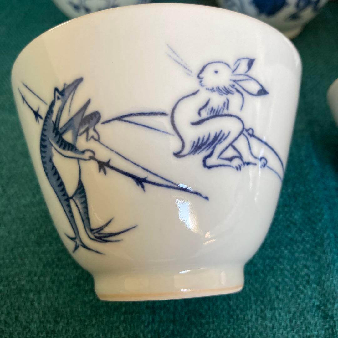 京焼 清水焼 平安吉兆 高山寺 鳥獣戯画倣 汲出 茶碗 湯呑 五客 共箱