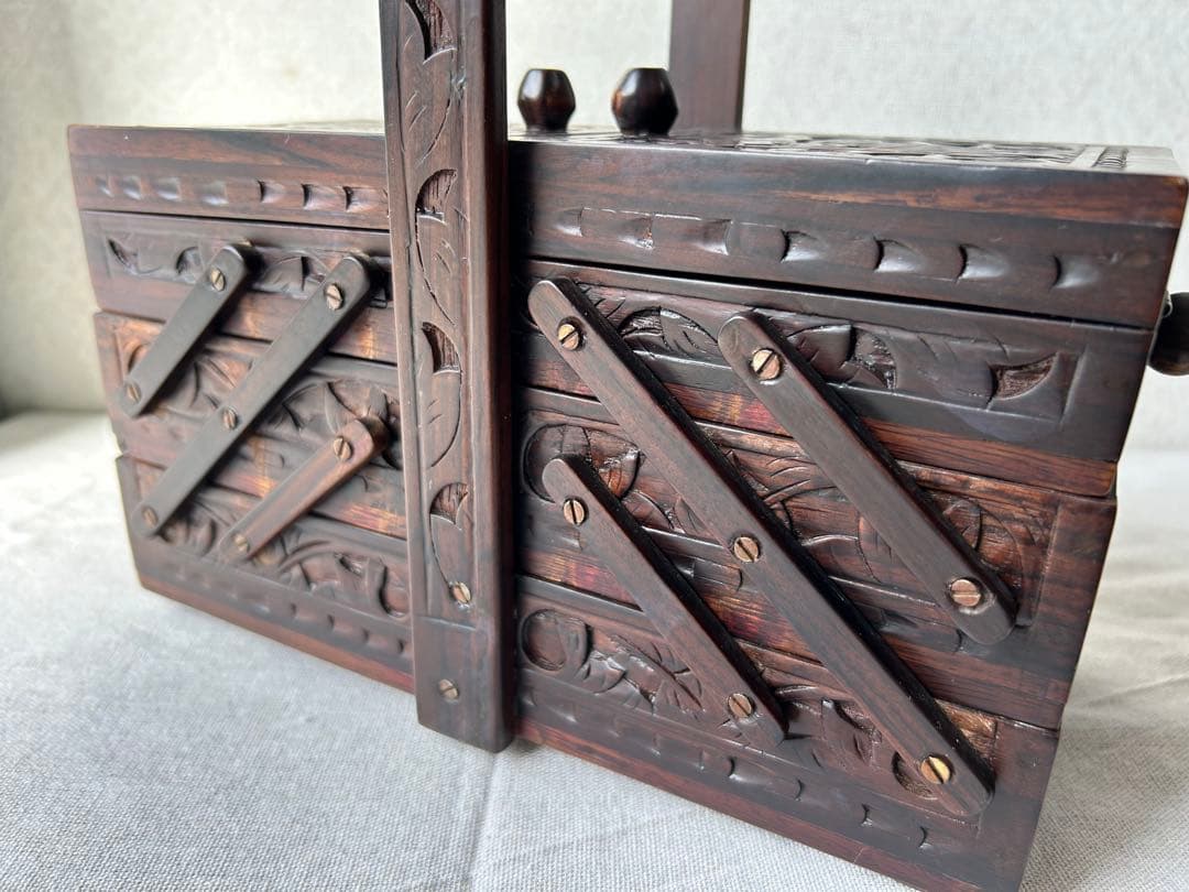 木製彫刻 裁縫箱 小物入れ 収納ボックス レリーフ アンティーク