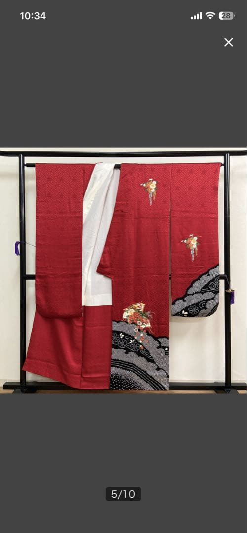 振袖フルセット6点サイズS絞り 正絹 赤色 花柄刺繍 売り切り終了