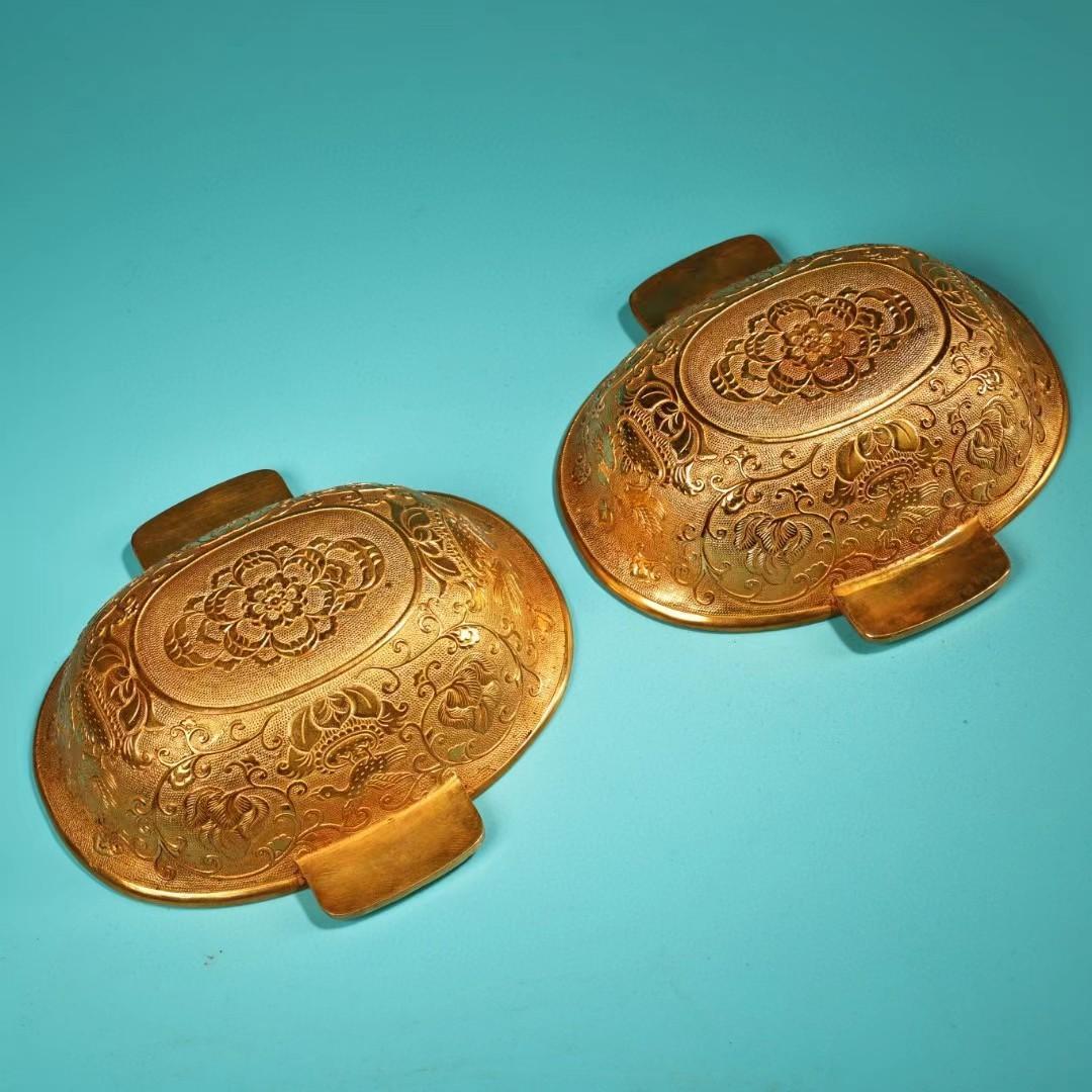 中国古美術・旧蔵鎏金の碗一対・純銅细密彫・純手作り・高浮彫・置物・食器・茶道具