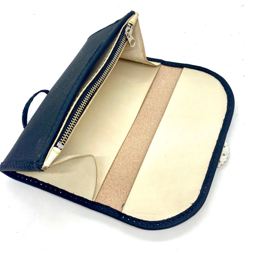 ‼️SALE‼️本革 セミロング財布フラワーコンチョ　BKブラック黒　革紐タイプ