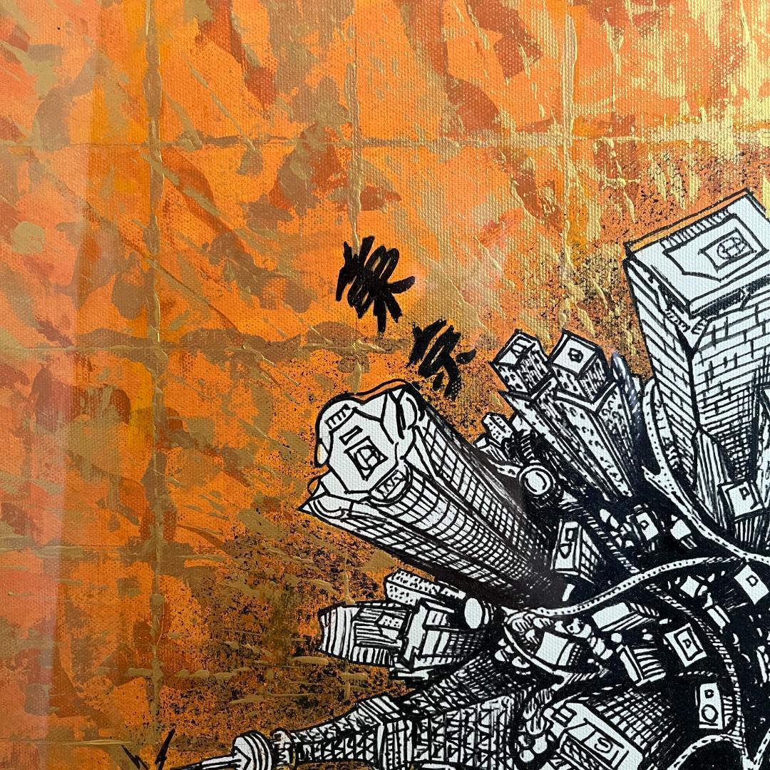 アンティークフレームの金彩墨絵