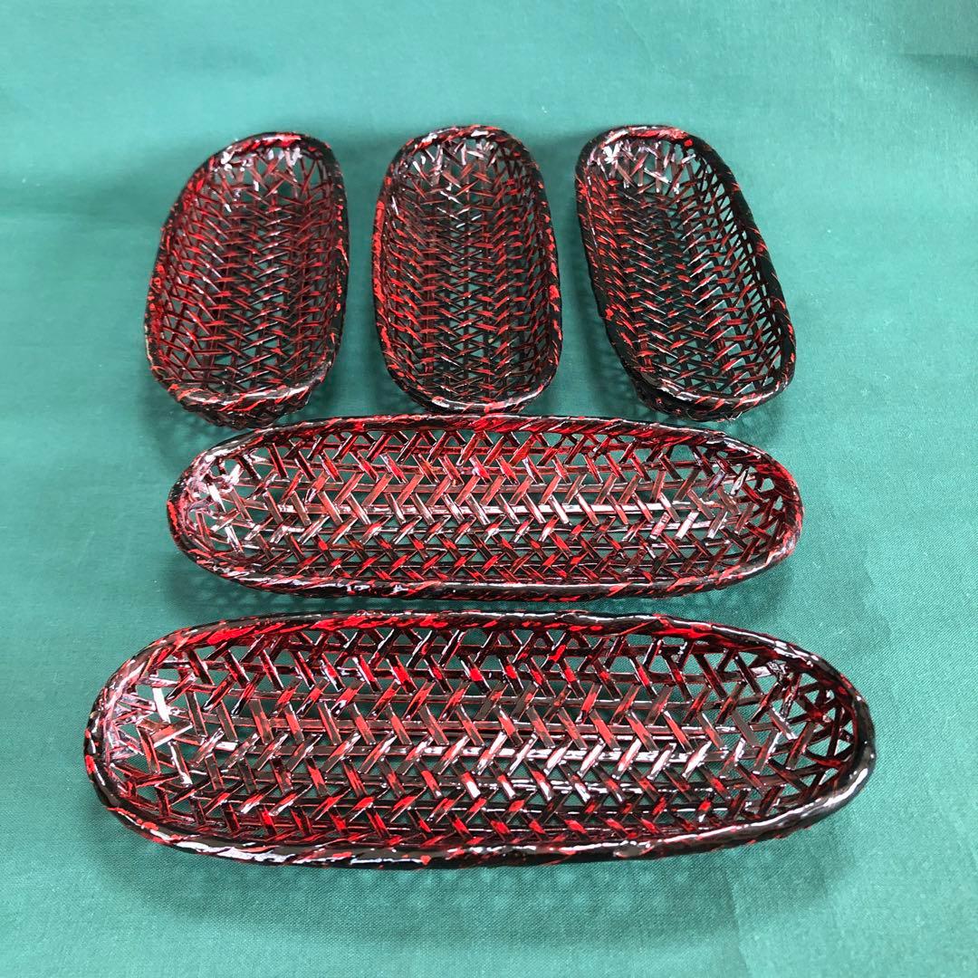 籃胎漆器 お盆 果物籠/菓子器 茶托 5枚 おしぼり受け 5個 計12