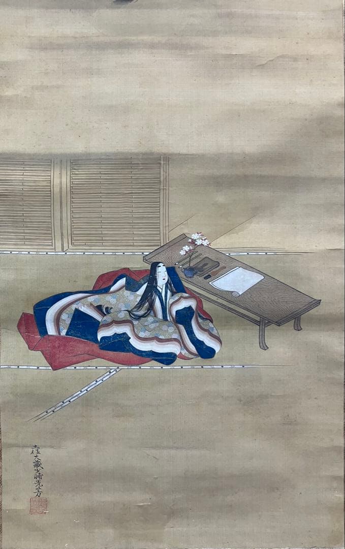 土佐光芳【歌仙図】絹本　掛軸（浮世絵　美人画　清少納言）