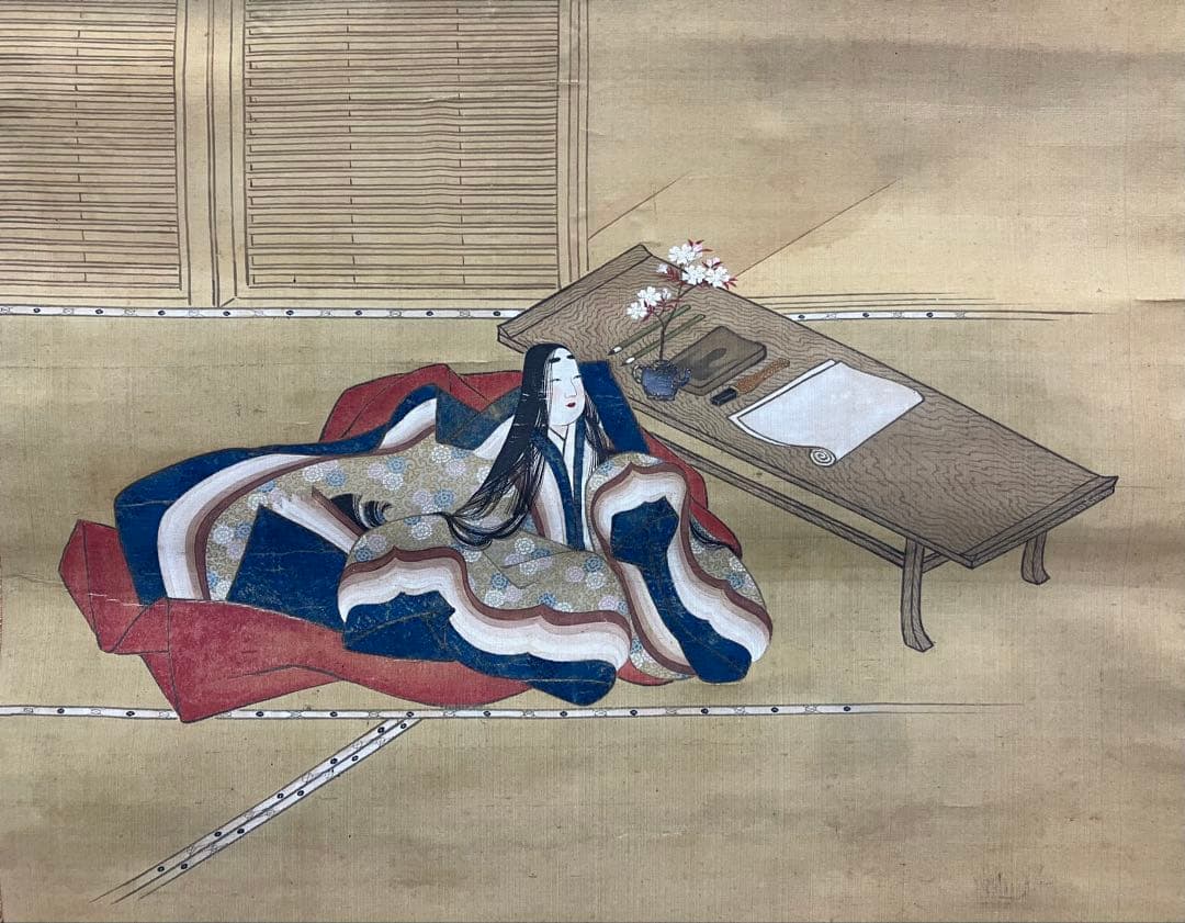 土佐光芳【歌仙図】絹本　掛軸（浮世絵　美人画　清少納言）