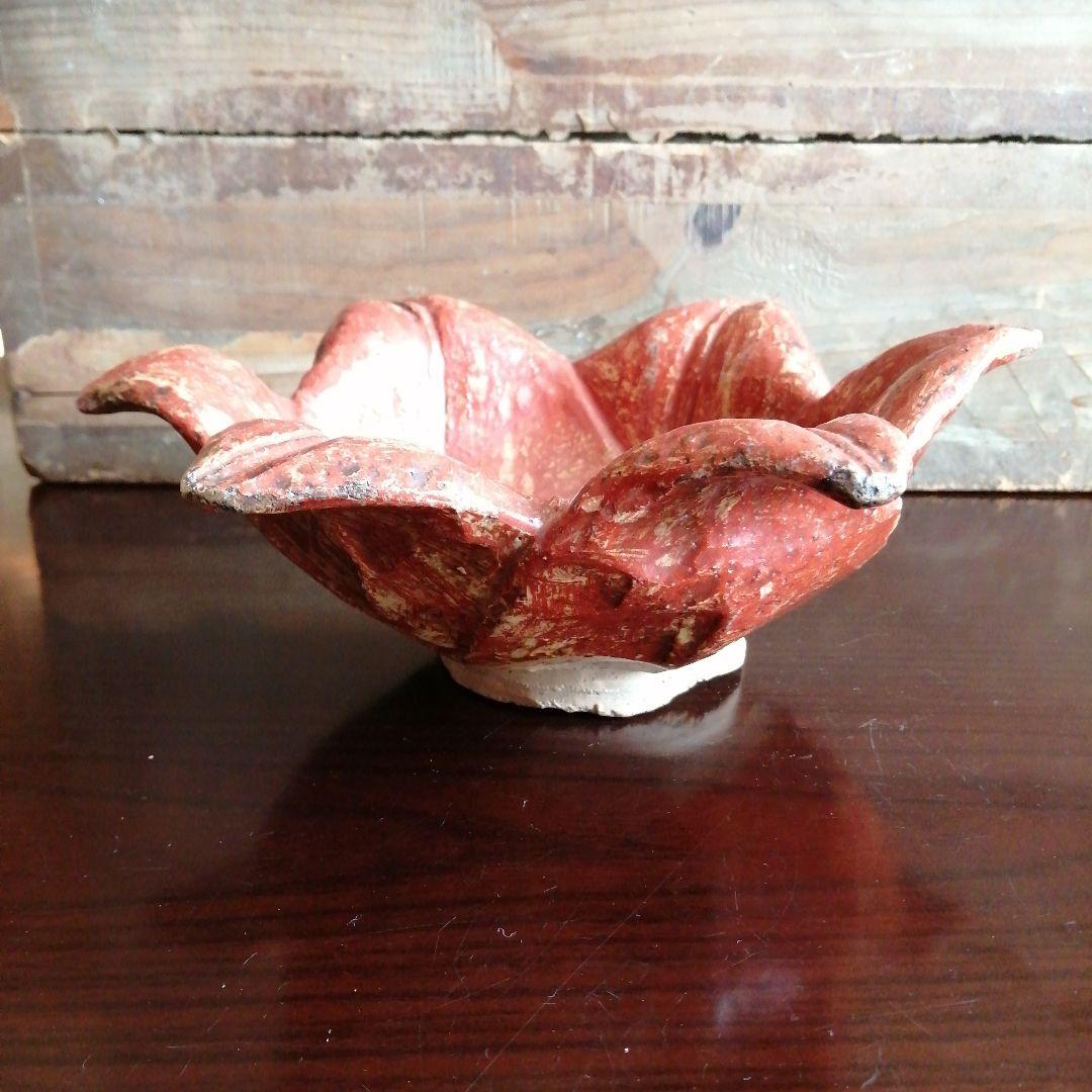 庸八焼 富永庸八 赤楽百合形大鉢 25cm 江戸後期