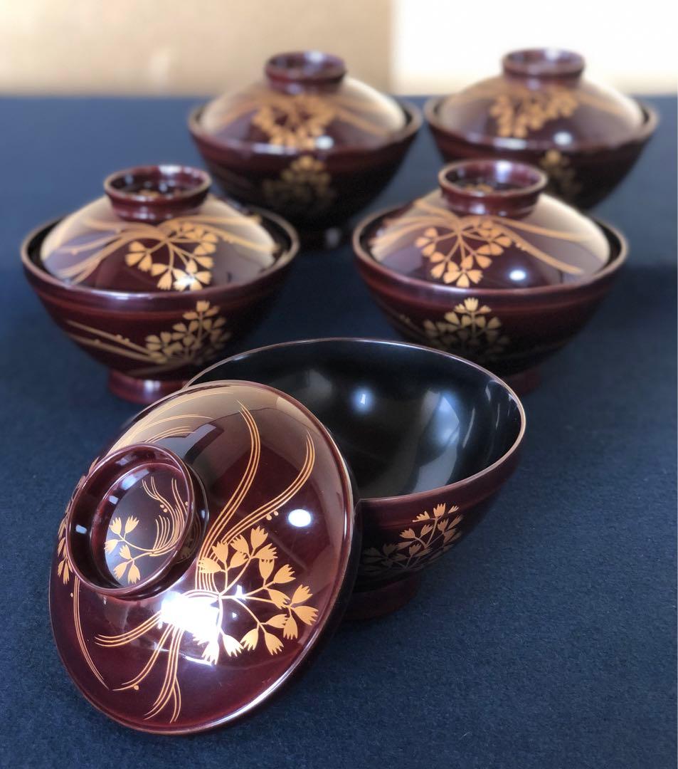 BJ125 時代漆器 輪島塗 瓢箪図蒔絵 吸物椀 四客 木製 細密 時代漆器