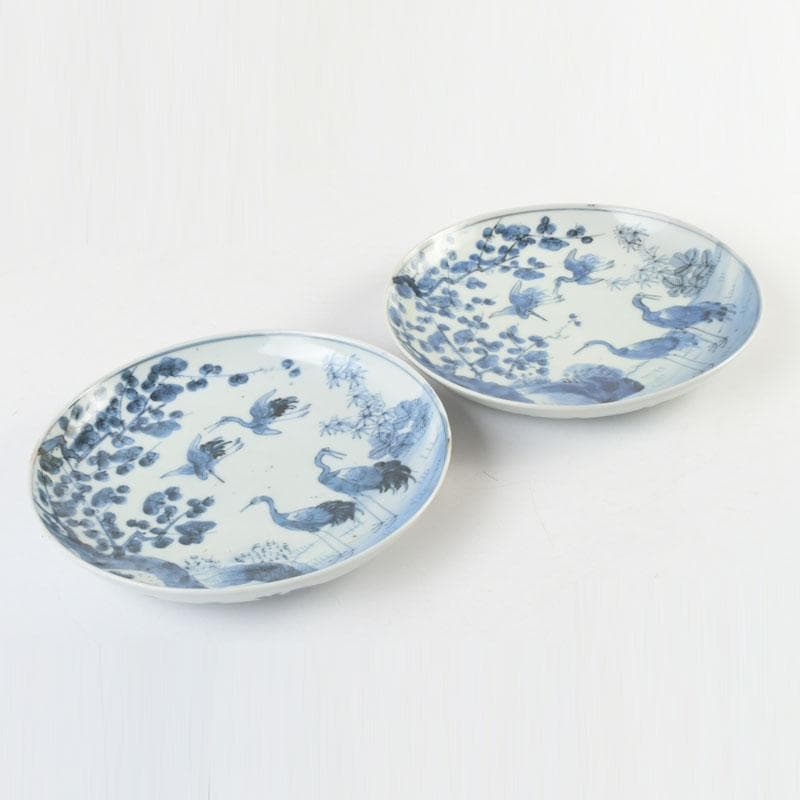 中国　青花　花草鳥文盤　皿　一對　在銘　C　9290