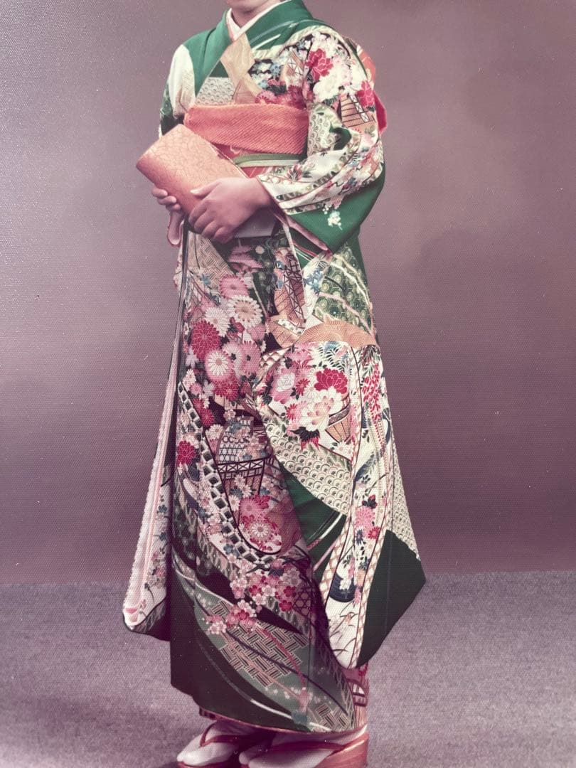 緑色 花柄振袖と帯セット｜