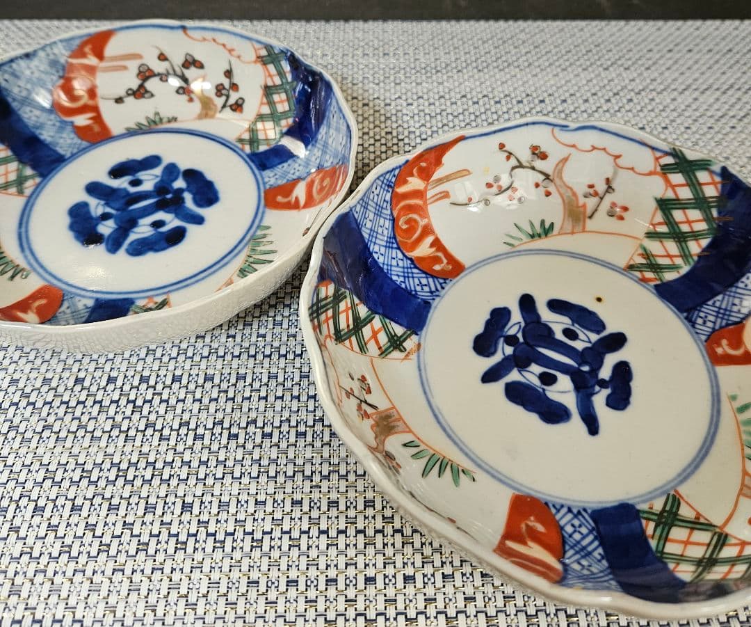 明治時代 古伊万里 染錦 金彩色絵 梅花樹木の図 なます皿 膾皿 深皿 2