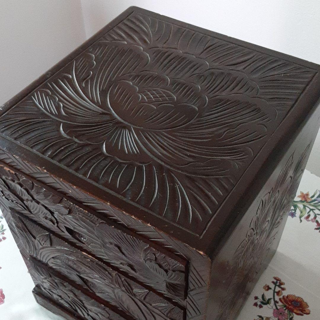 注文 日光彫りの三段小引き出し 未使用 日光彫 軽井沢彫 小箪笥