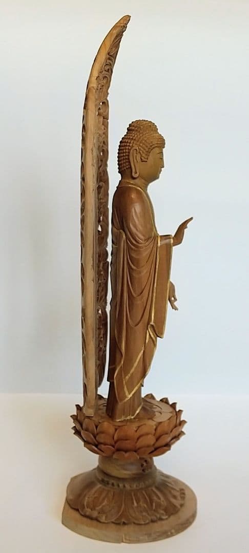 阿弥陀如来立像 5寸 #661 円台座 宝相華唐草 透彫り◇白檀 木彫 仏像