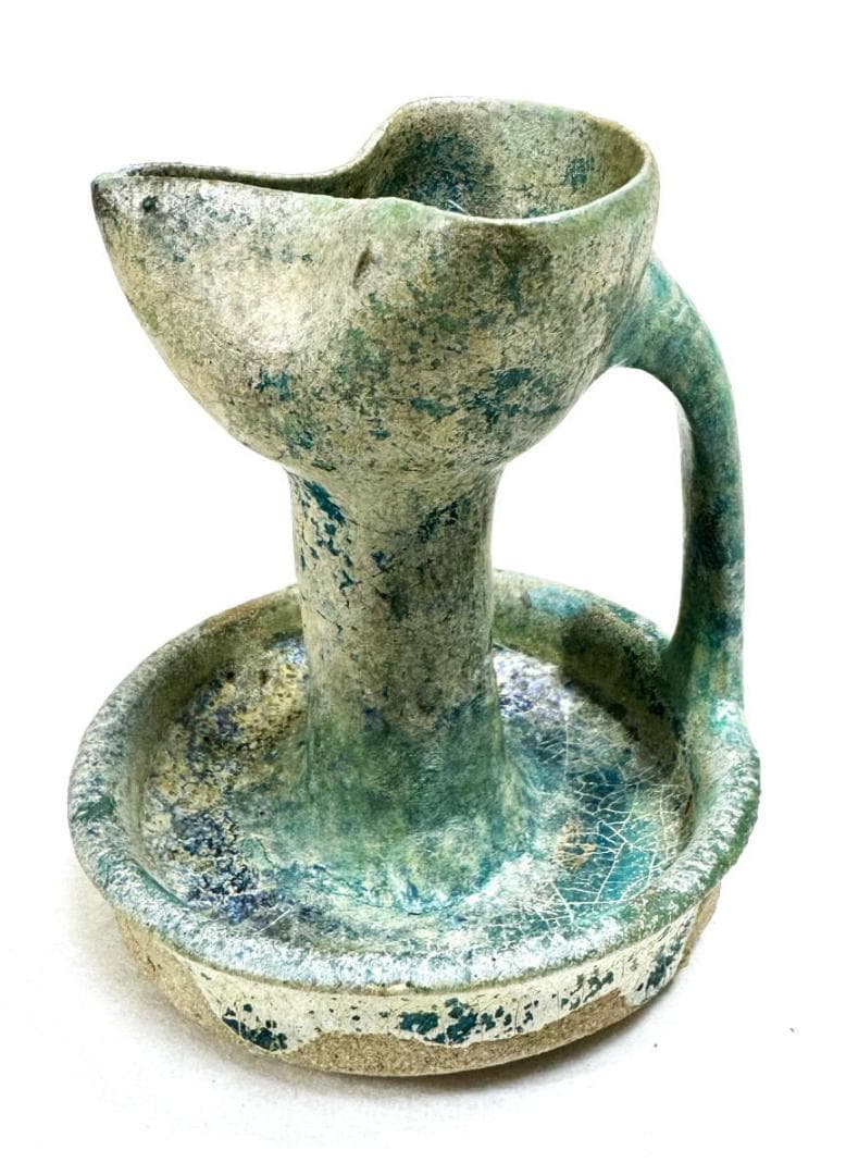 古代イラン・ペルシャ古陶 青釉銀化灯火器 箱付 古美術 古玩 骨董