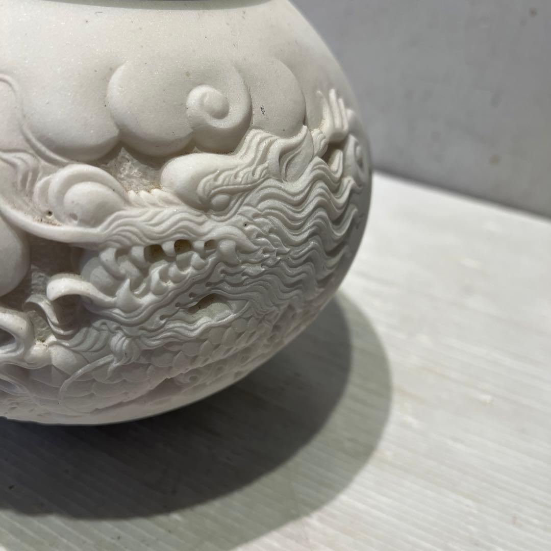 白 大理石 ドラゴン 彫刻 オブジェ 花器 壺 インテリア 希少