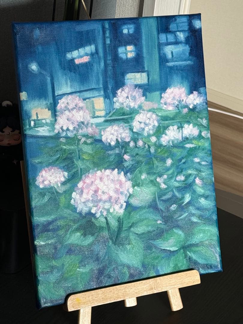 「夜のアジサイ」　手描き　油絵　風景画　原画　油彩画　紫陽花