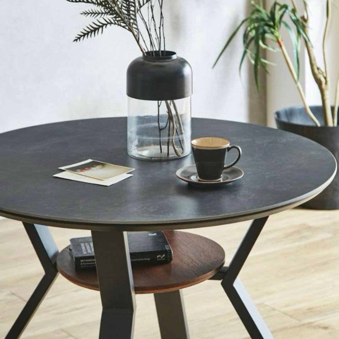 Kumackey　丸ダイニングテーブル　カフェテーブル　グレー　棚付き