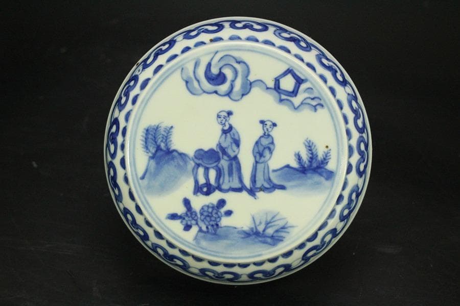 中国美術 青花 人物画 丸段重(LC827)