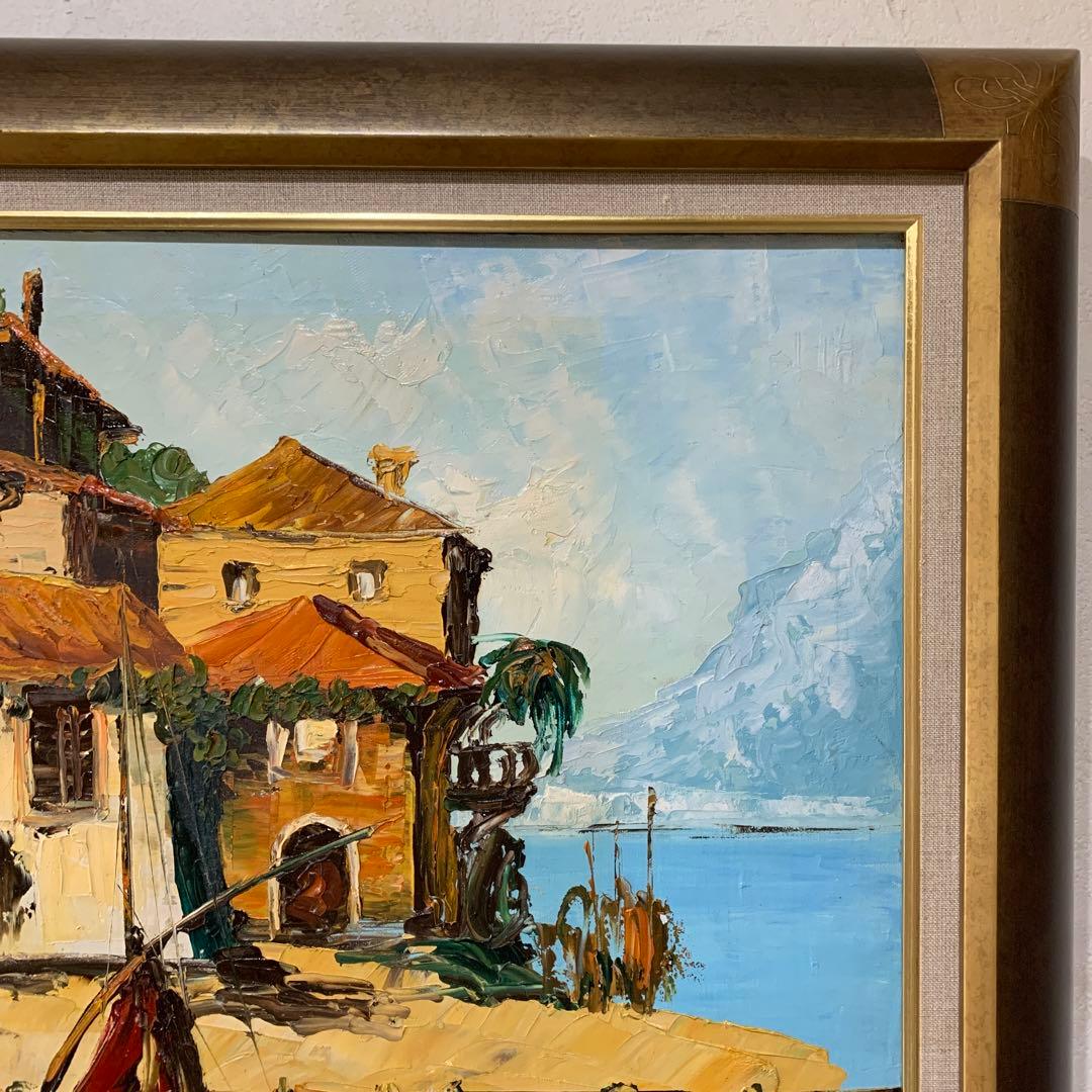 絵画　油彩肉筆画　海外作家『イタリア港風景』F10 高級額装