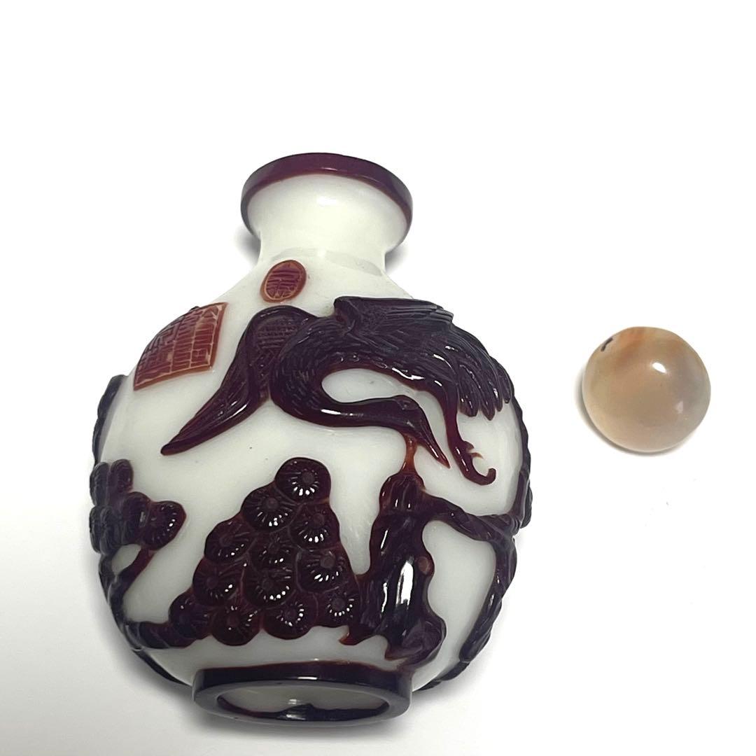 鼻煙壺 中国骨董 鶴の彫刻付き