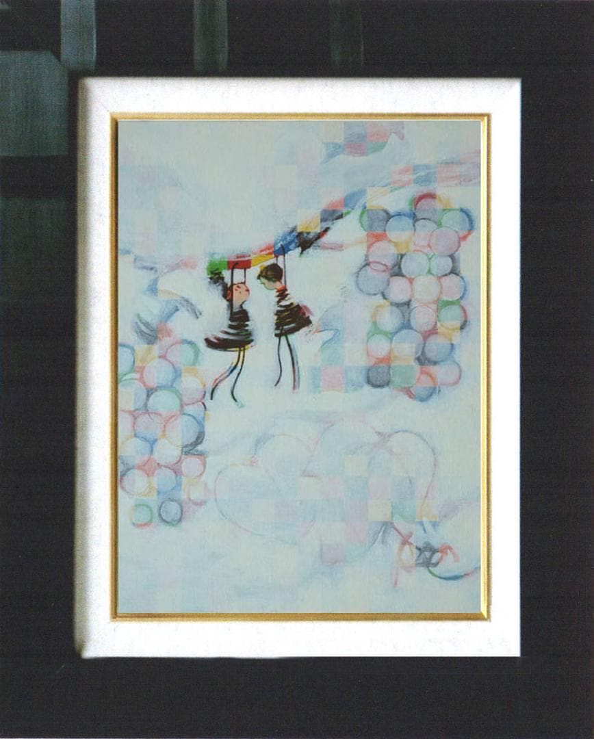 油絵 菅家令子 絵 絵画インテリア額付(青緑＋金色の枠) F4-081114子供