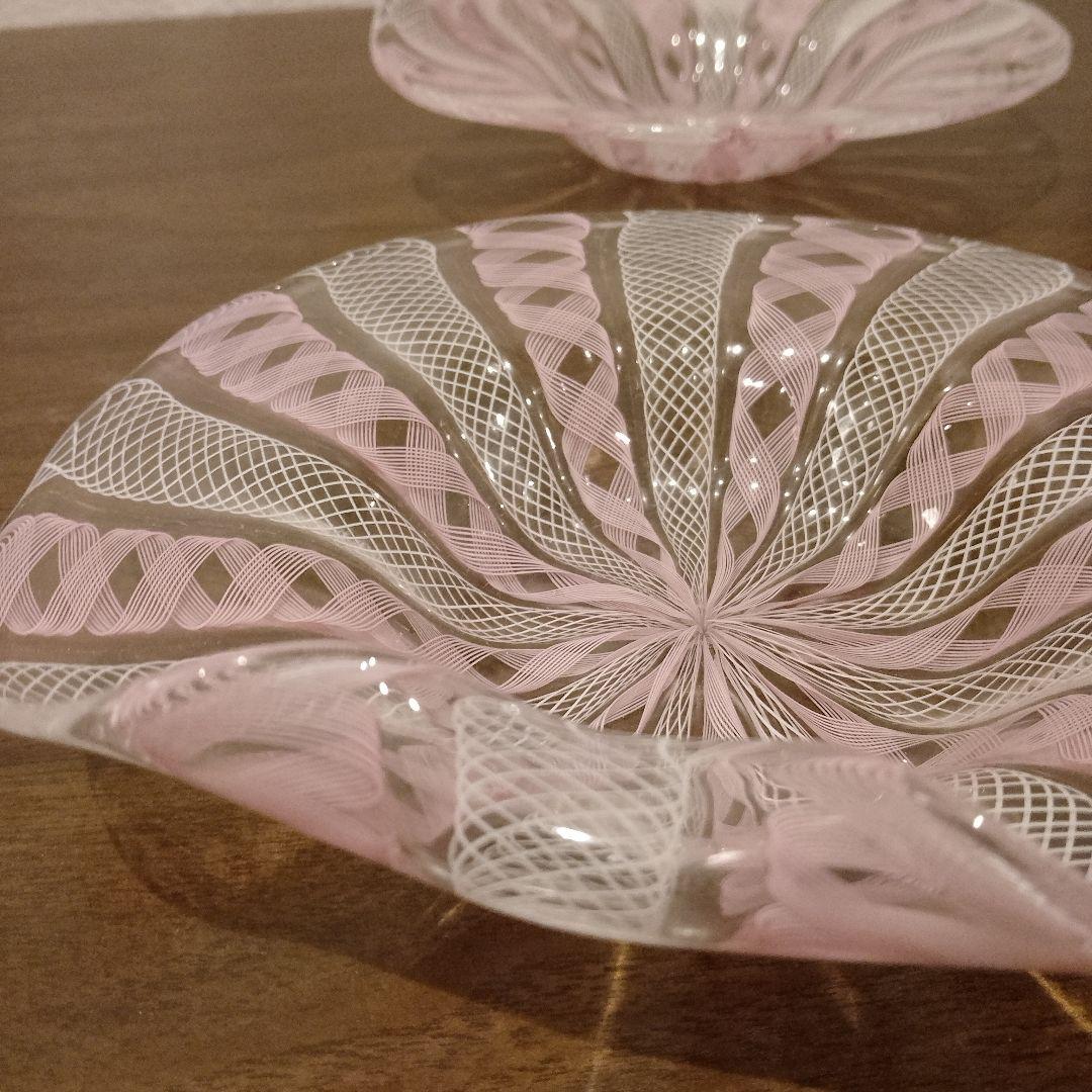 ベネチアンガラス ムラノ MURANO 変形皿 2枚 ピンク レース インテリア