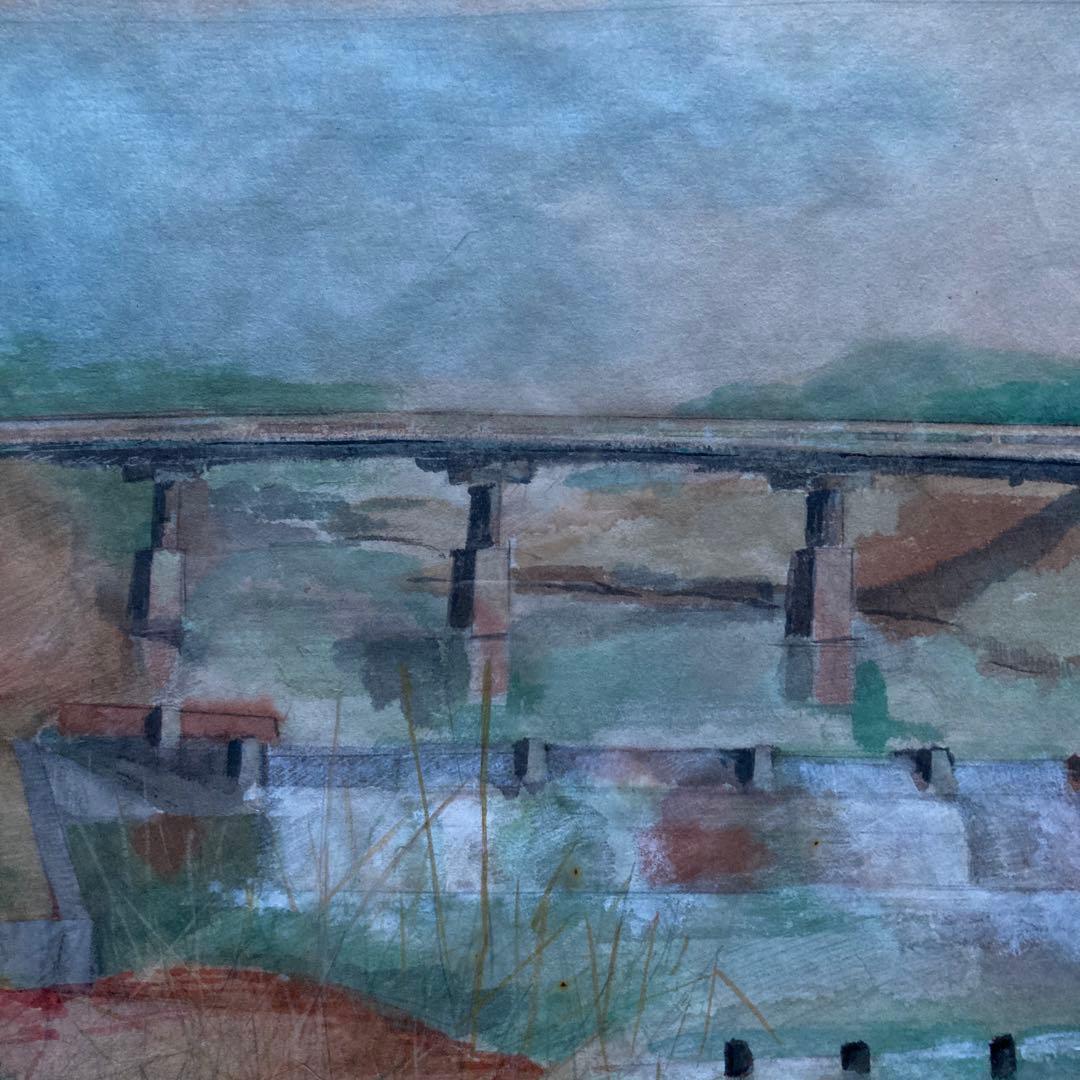 水彩画 作者不詳 橋のある風景(仮題) 額48×55絵29×35cm