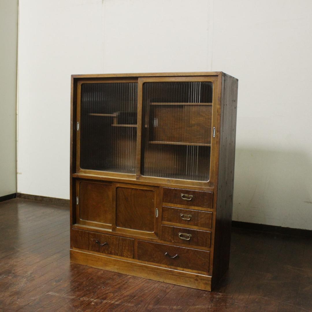 昭和レトロ 古い木製茶箪笥 モールガラス 戸棚 食器棚 古家具 欅 古材