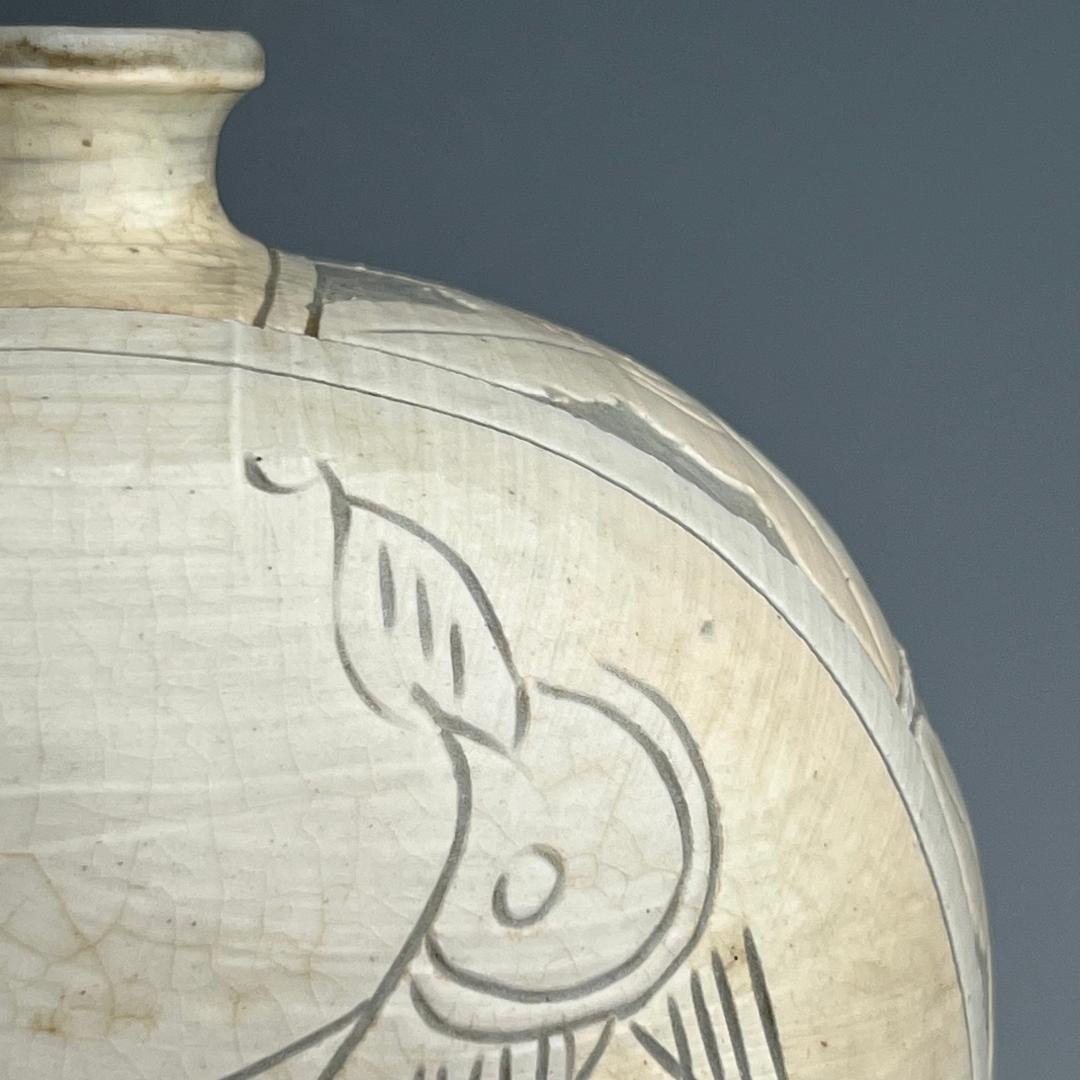 高麗三島刷毛目象嵌魚紋扁壺 李朝高麗コレクター放出品陶磁古玩朝鮮