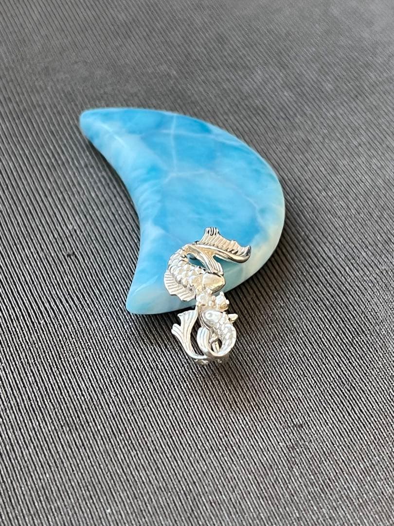 天然石☆高品質！ラリマー大きめ月型ペンダントトップ☆シルバーお魚