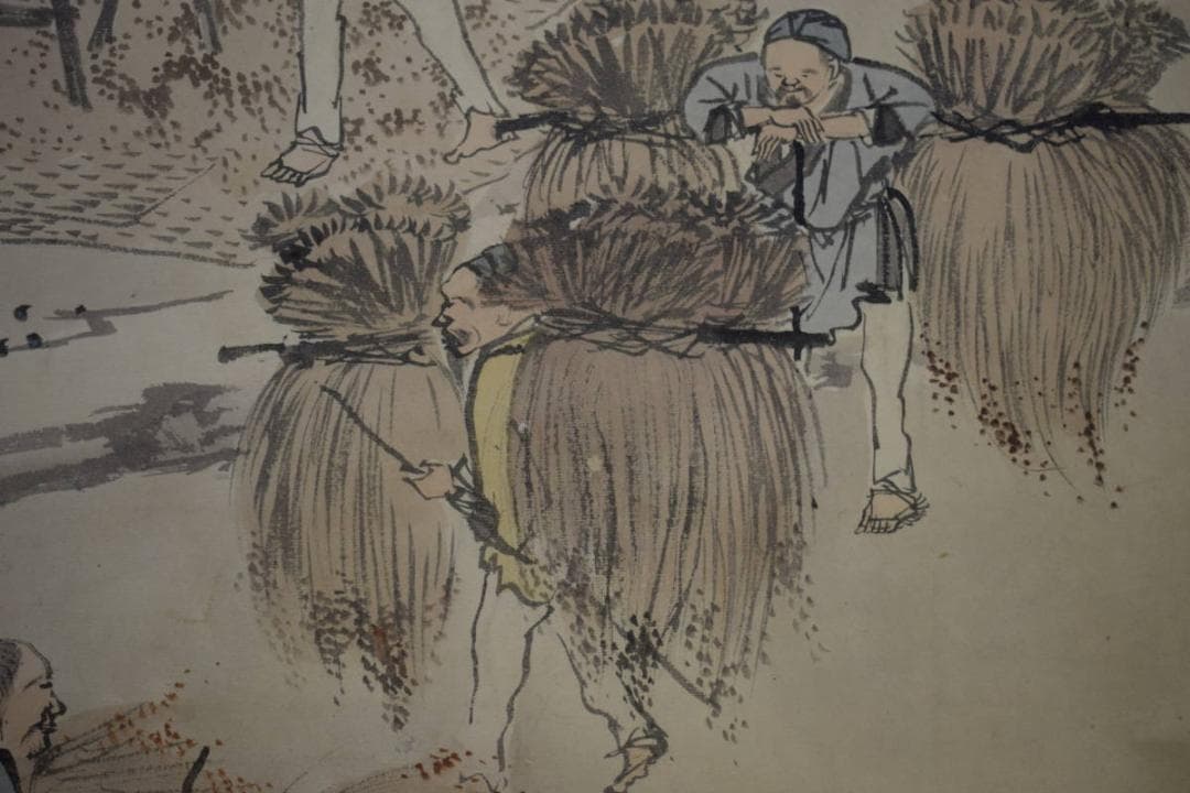 真作/景文/人物収穫図/農耕図/布袋屋掛軸HI-55