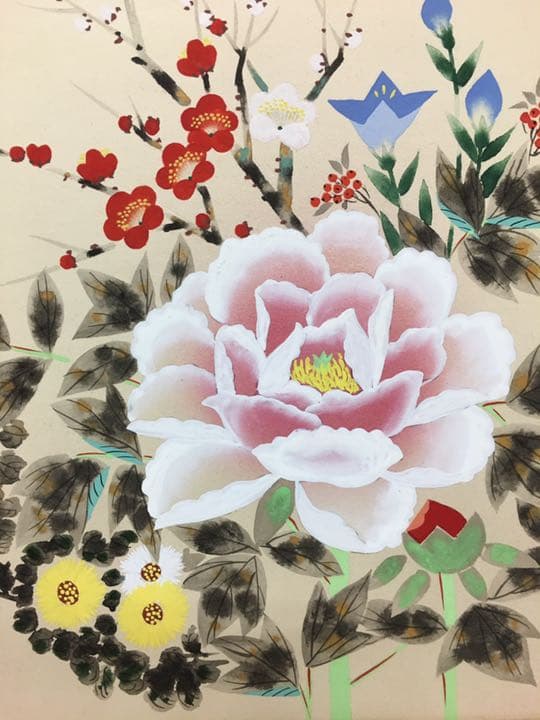 手がき 肉筆画日本画34センチ×30センチ篠崎優作四季の花