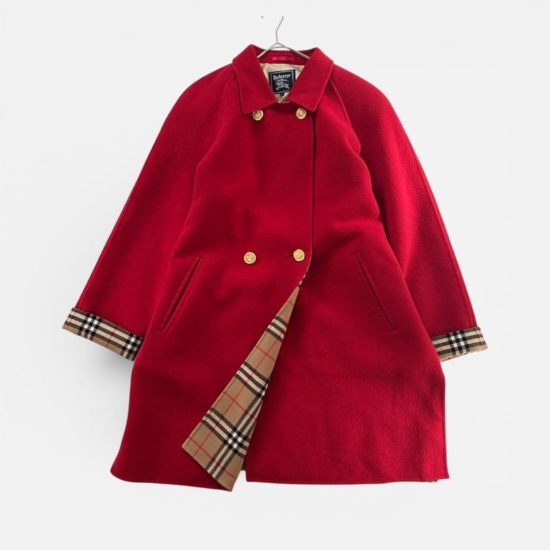 美品 バーバリー 希少赤 ダブルブレスト コート タータンチェック 美品