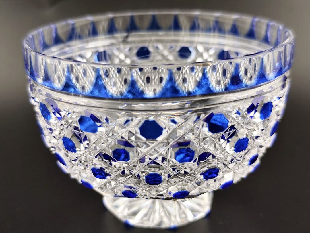 超希少品☆江戸切子 須田秀石 小鉢 瑠璃被 籠目紋（切子、江戸