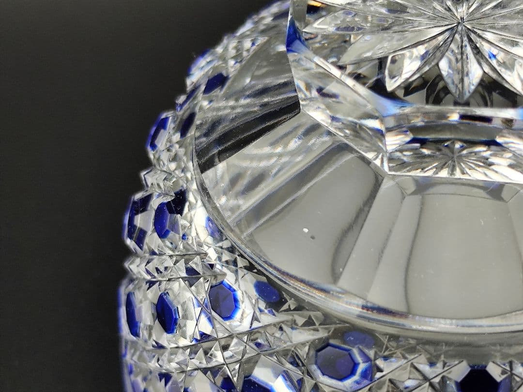 超希少品☆江戸切子 須田秀石 小鉢 瑠璃被 籠目紋（切子、江戸