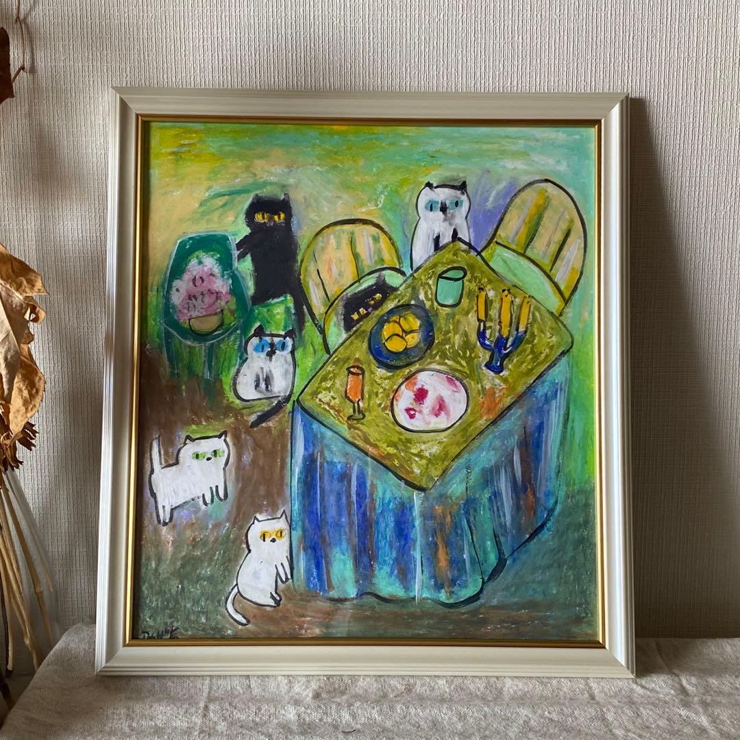 絵画 。壁掛け絵手描き【猫たちのデートの中で素敵なこと】