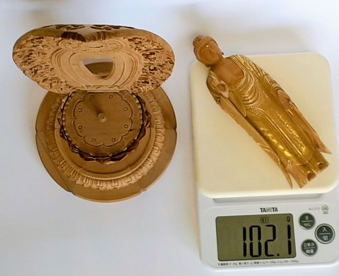 阿弥陀如来立像 5寸 #660 台座 宝相華唐草 透彫り◇白檀 木彫