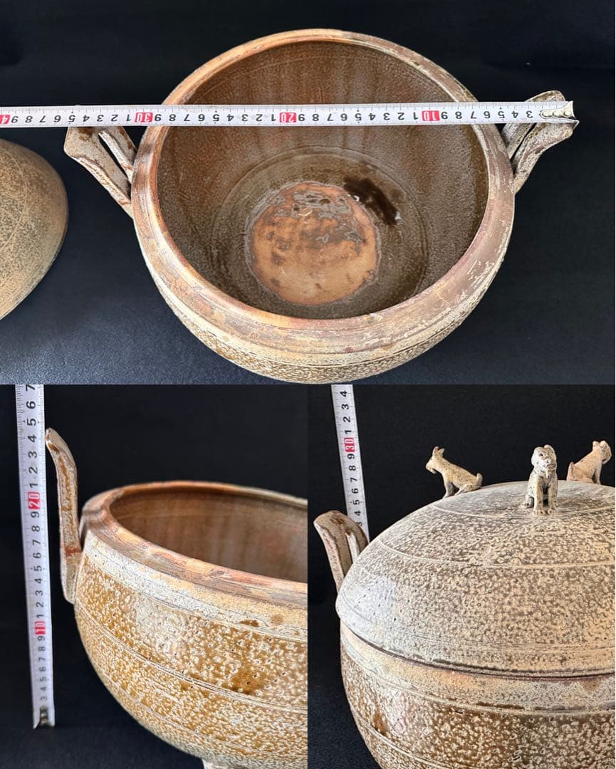 中国美術 灰陶緑釉 三足蓋付三獣摘 鼎 直径35cm