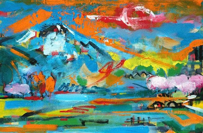 油絵 菅家令子 絵画インテリア額付(白) uF6-063203 田園風景 朝夕陽