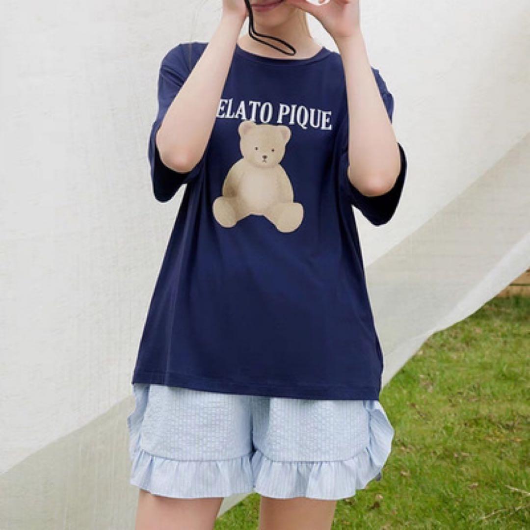 ジェラートピケ　ベアワンポイントTシャツ&ストライプショートパンツ