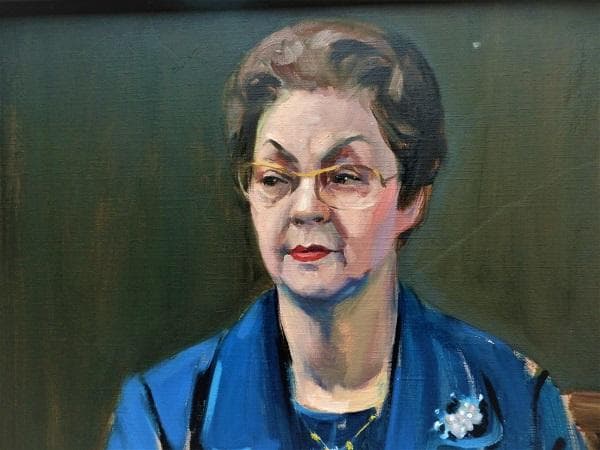 ★油彩画 新井秀一郎「青衣婦人像」サイン P30号★特賞受賞作品　1975年制作