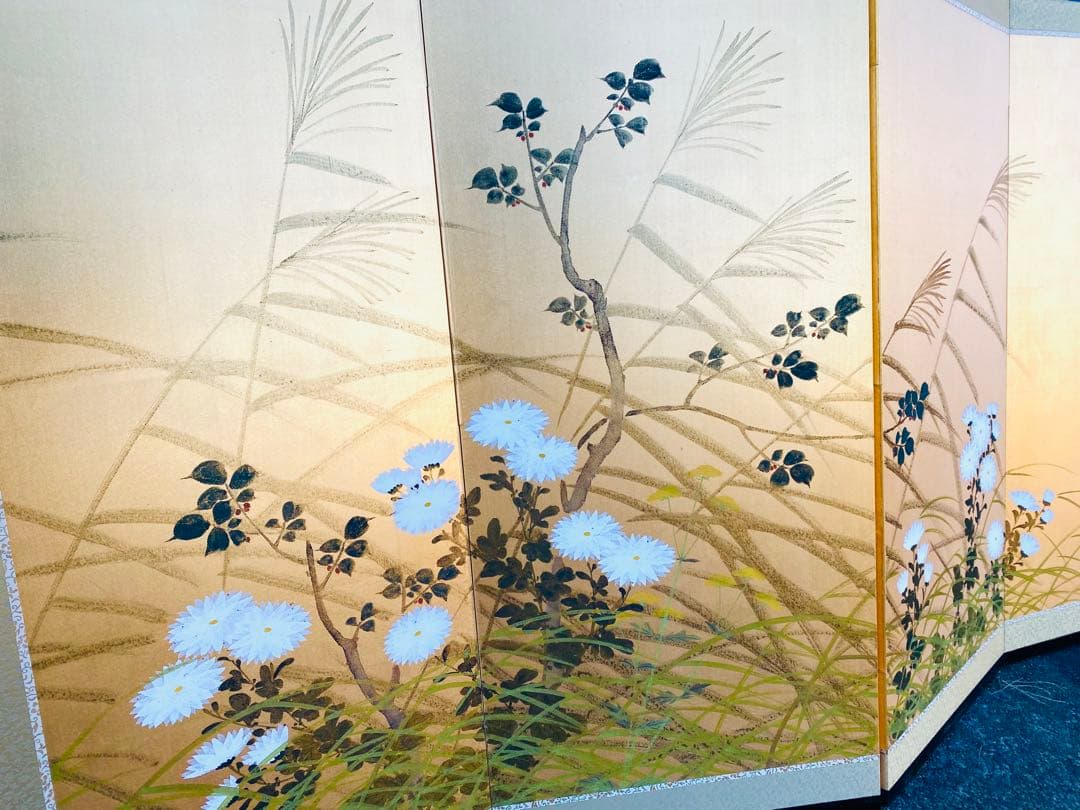 日本画 屏風 草花 金箔 160cm x 90cm