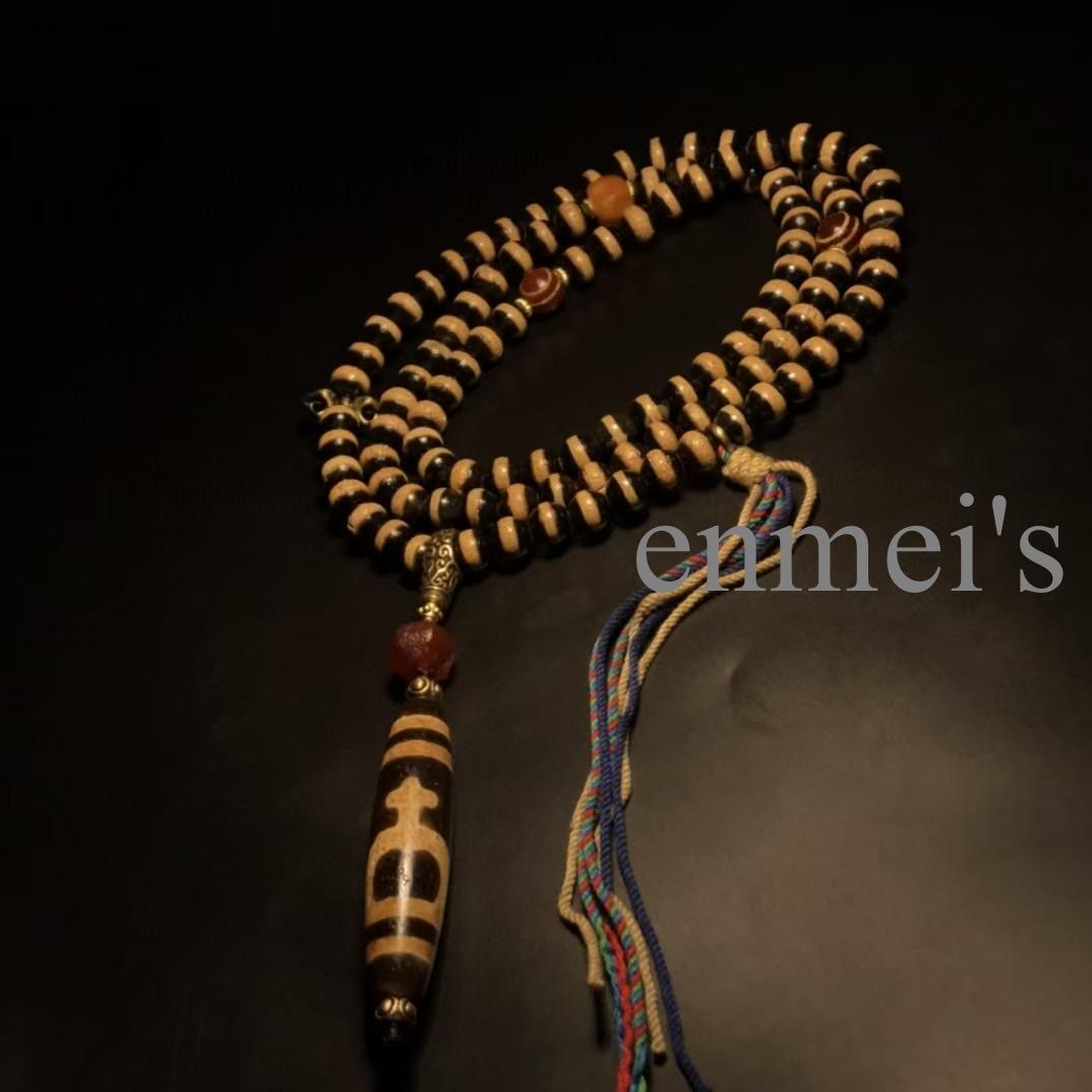 旧蔵チベット・古瑪瑙薬師珠念珠108粒×宝瓶天珠ネックレス・仏珠・文房具・古仏具 旧蔵チベット・古瑪瑙薬師珠念珠108粒×宝瓶天珠ネックレス・