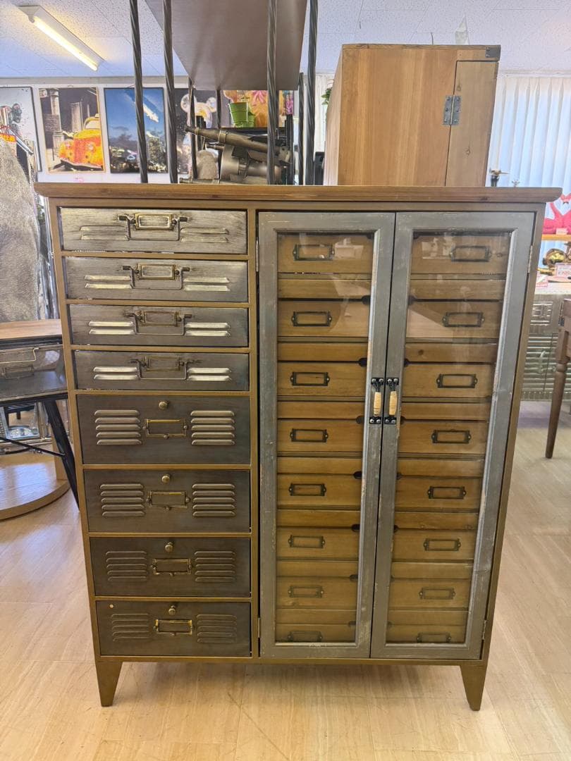 天然木 スチール キャビネット インダストリアル チェスト 引出 レトロ