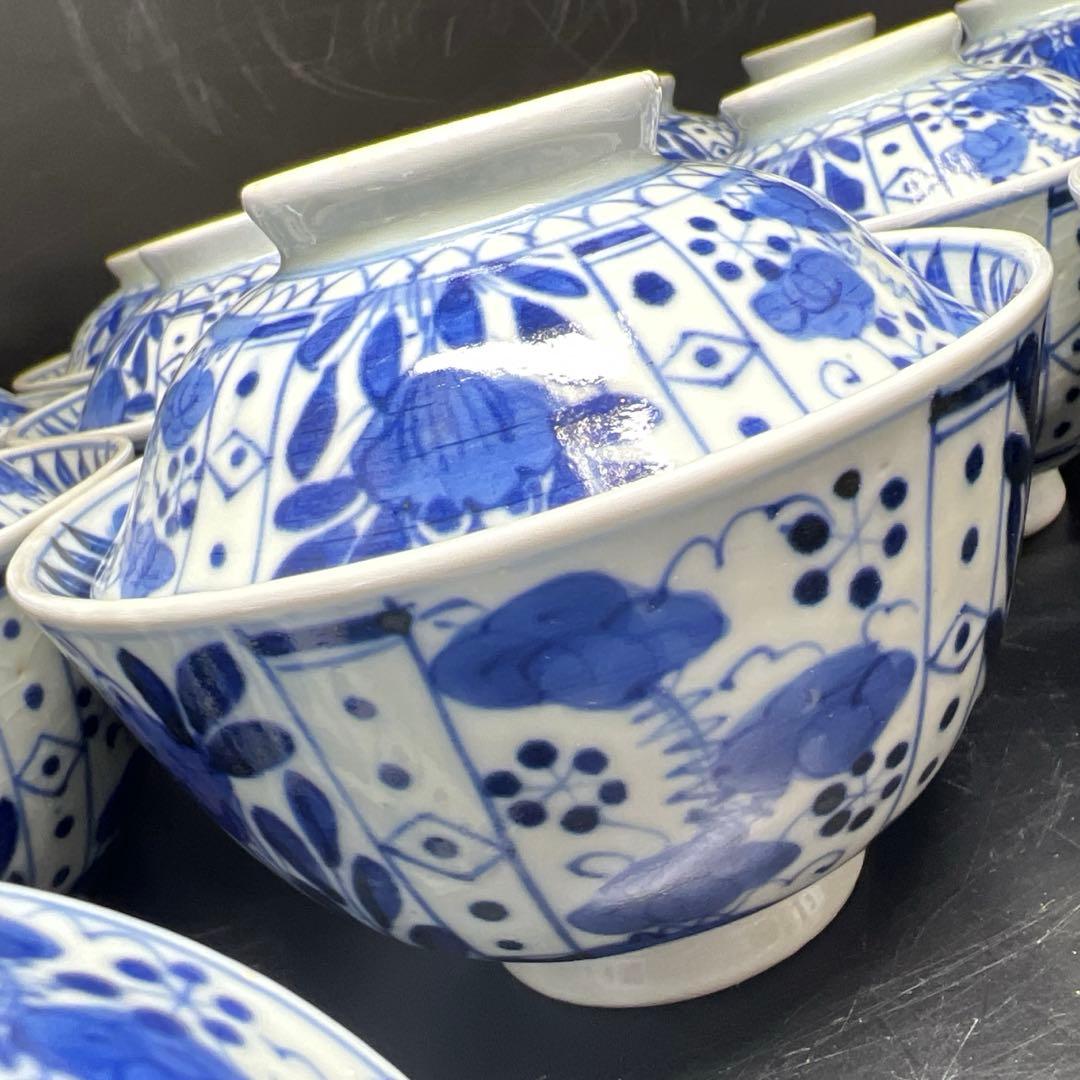 江戸中期　古伊万里染付芙蓉手蓋茶碗　14客と身1点　木箱　東Y8-0116☆2F